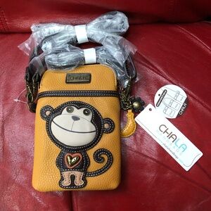 Chala Handbags Convertible Pouch/Purse/Crossbody Monkey Yellow/Dark Brown NEW